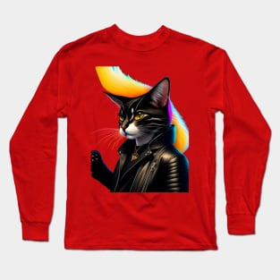 A cat wearing a leather jacket and a black jacket with a yellow tail. Long Sleeve T-Shirt